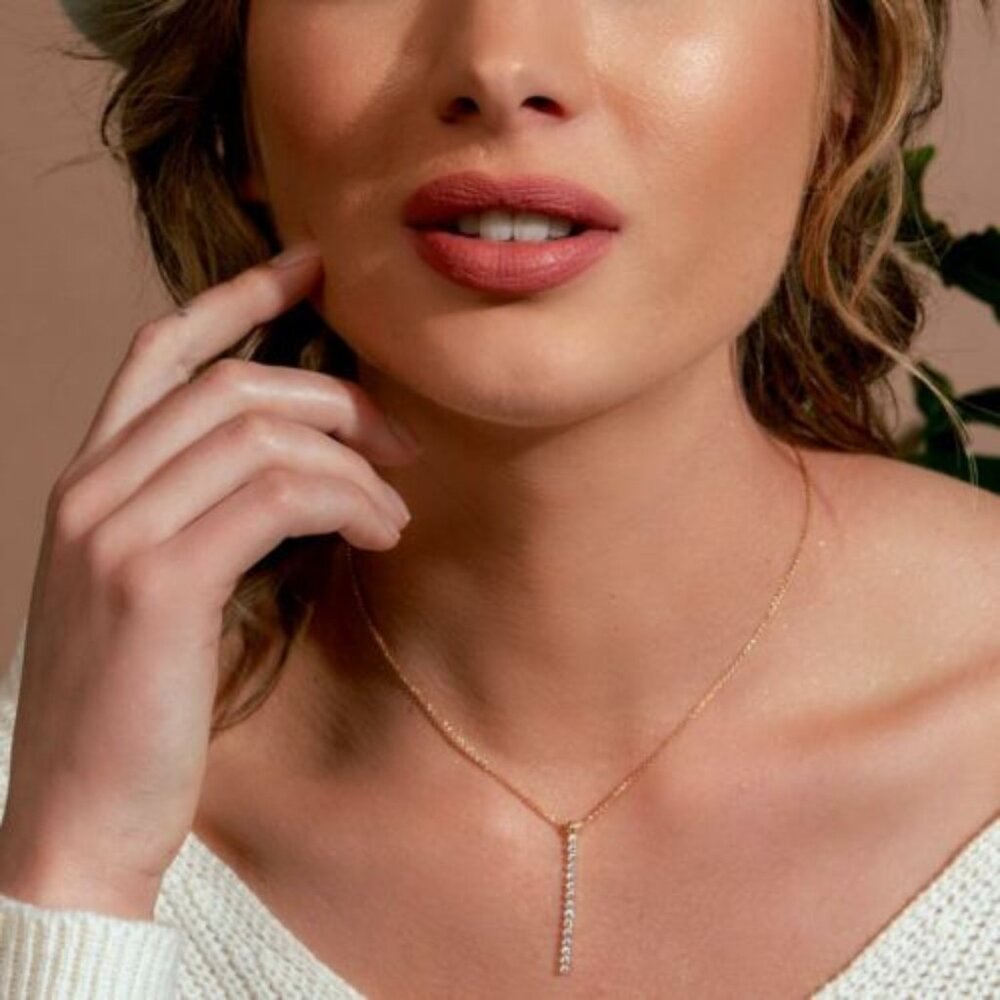 14K YELLOW GOLD OVER 925 STERLING SILVER DROP BAR NECKLACE W/ LAB DIAMONDS